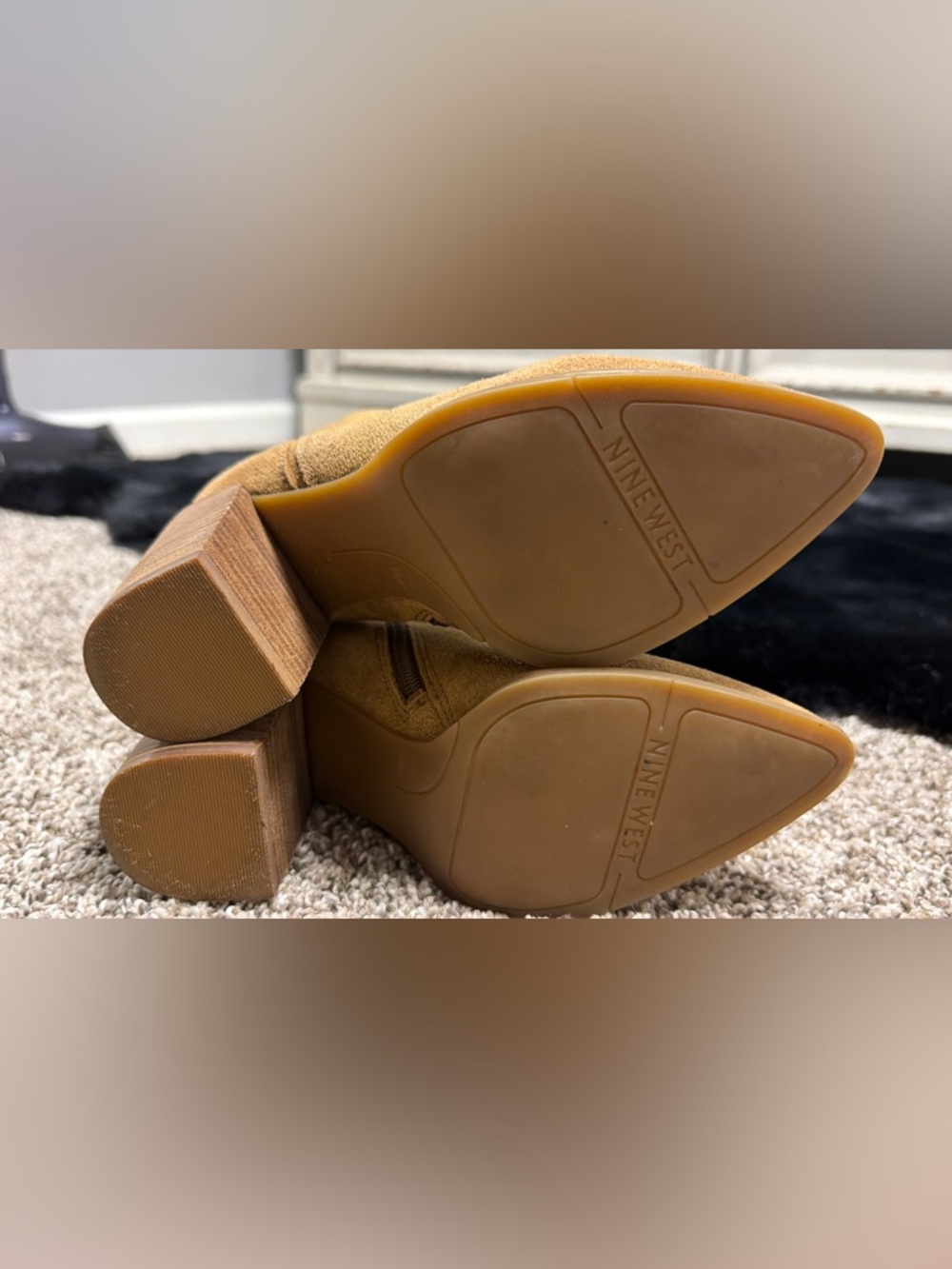 Nine West Women's Tan Suede Ankle Booties Stacked Heel 6.5 Pointed - Picture 8 of 8